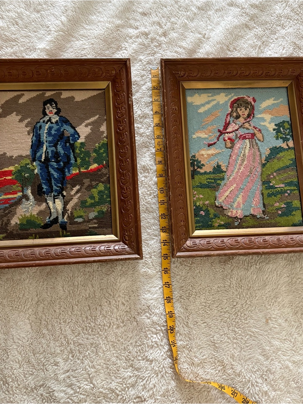 Vintage Framed Needlepoint Cross Stitch  Completed Blue Boy & Girl in Pink